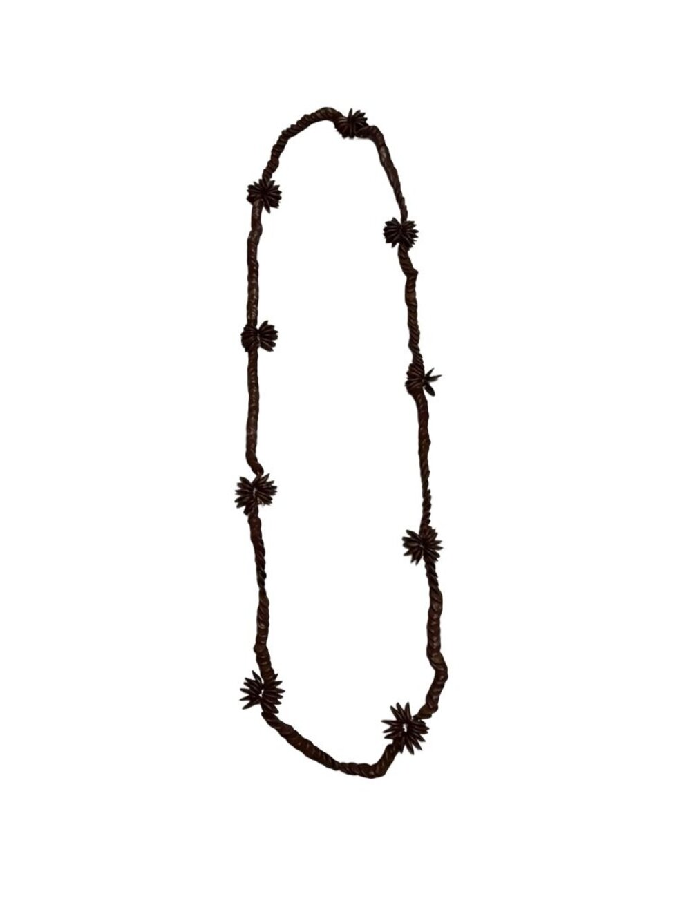 Vintage Carved Wood Necklace 30” Brown Twisted Strand Starburst Floral Beads Boh